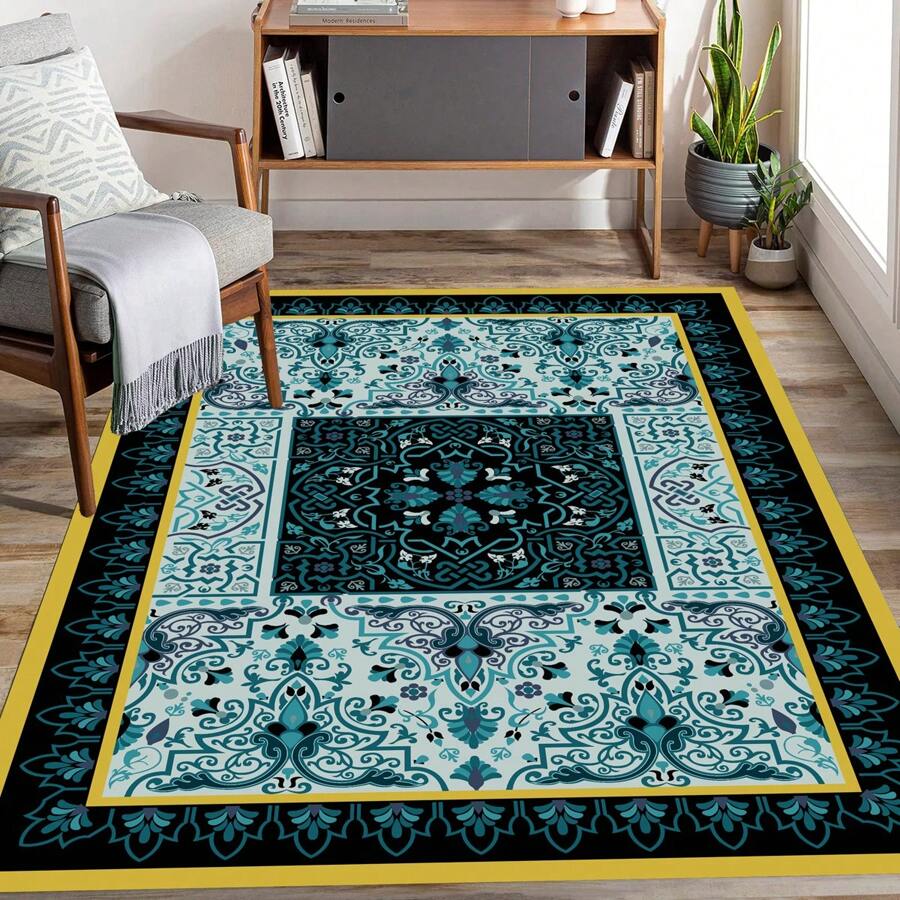 1pc Crystal Velvet Material, Tpr Bottom, Bohemian Retro Living Room Carpet, Style Bedroom Rug, Anti-slip, Dirt-resistant Rug For Homestay - Blue - View 1