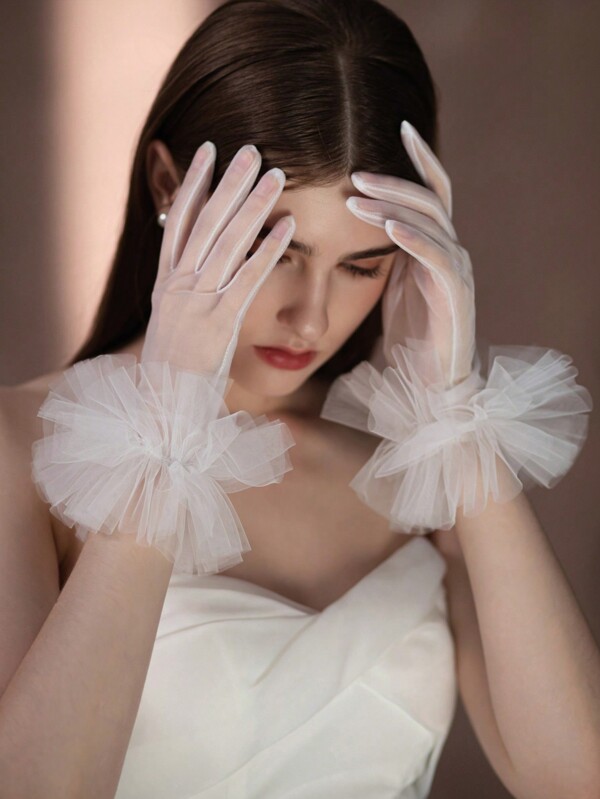 1pair Women's Lotus Edge Mesh Bridal Gloves For Wedding, Evening Party, Prom Dress Accessories Halloween Autumn Accessories