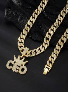 1套男女個性化13mm嘻哈風格王冠形項鍊項鍊和手鍊組合,鑲有鑽石的ceo字母設計,厚實大膽的金色鍊條街頭鑽石裝飾,適用於萬聖節,聖誕節,感恩節,禮物 - 金黃色 - 查看 4