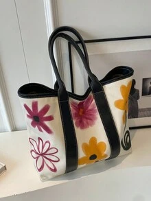 Bolso De Mano De Lona Estilo Graffiti Para Mujer, Estampado De Flores, Gran Capacidad, Bolso Y Bolso De Hombro - Blanco - Ver 4
