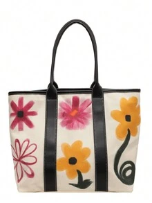 Bolso De Mano De Lona Estilo Graffiti Para Mujer, Estampado De Flores, Gran Capacidad, Bolso Y Bolso De Hombro - Blanco - Ver 6