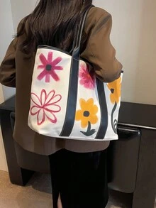 Bolso De Mano De Lona Estilo Graffiti Para Mujer, Estampado De Flores, Gran Capacidad, Bolso Y Bolso De Hombro - Blanco - Ver 1