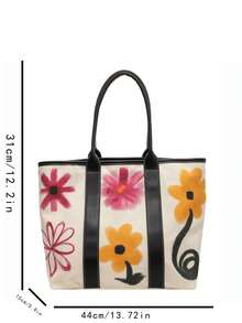 Bolso De Mano De Lona Estilo Graffiti Para Mujer, Estampado De Flores, Gran Capacidad, Bolso Y Bolso De Hombro - Blanco - Ver 2