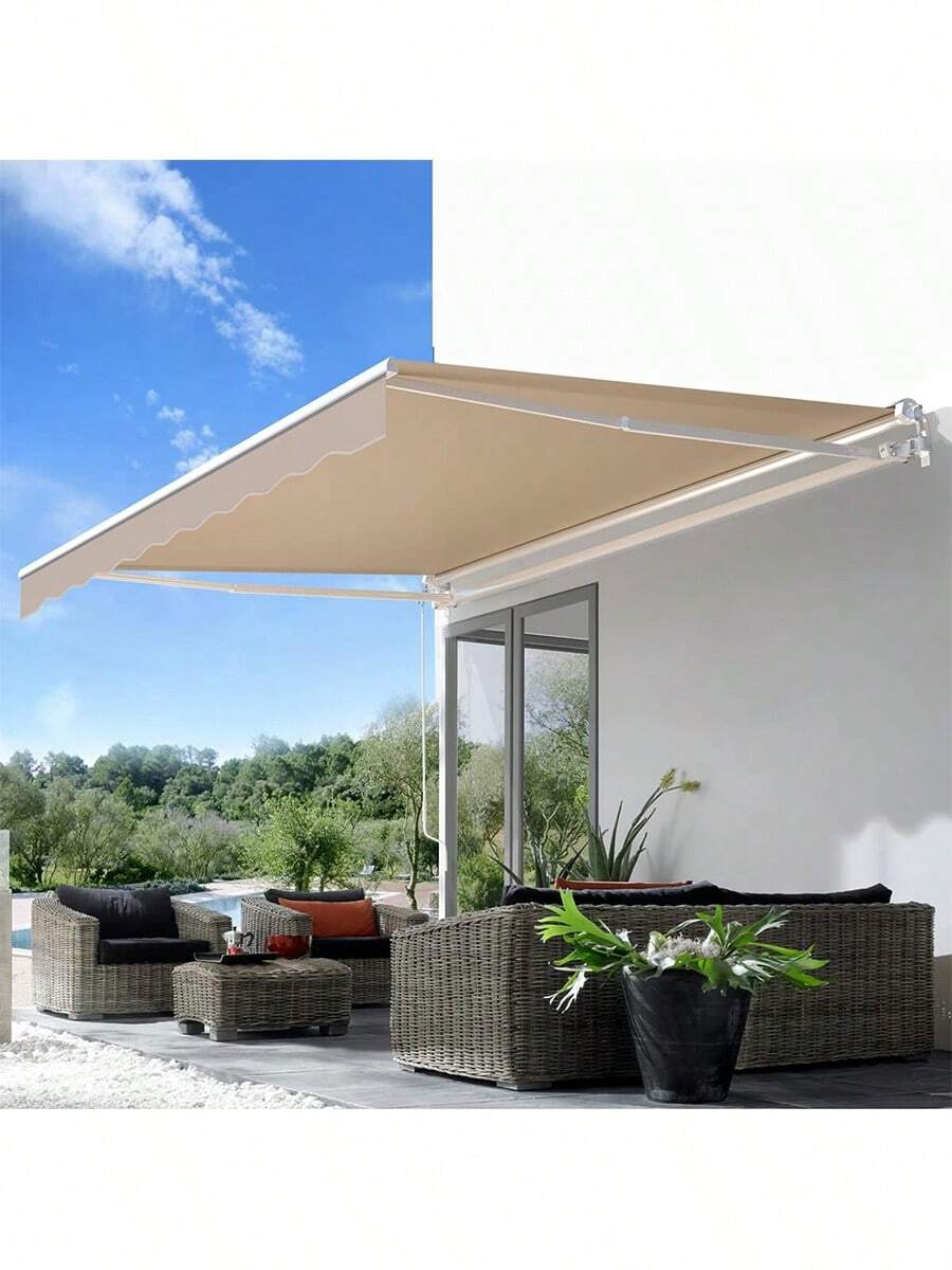 YODOLLA Manual Retractable Awning Sun Shade Patio Awning Cover Outdoor Patio Canopy Sunsetter Deck Awnings With Manual Crank Handle, Beige - 米色 - 查看 1