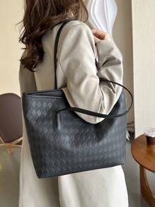 Plaid Pattern Large Capacity Tote Bag For Women,School Bag,Large Capacity,Portable,Classic Casual,Business Casual,For Teen Girls Women College Students,White-Collar Workers,Perfect For Work,Back To School,Middle School,High School,College - Black - View 6