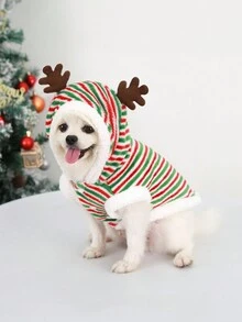 Christmas Reindeer Antler Decor Warm Pet Clothes With Plush & Striped Pattern For Dogs And Cats - Red - View 2