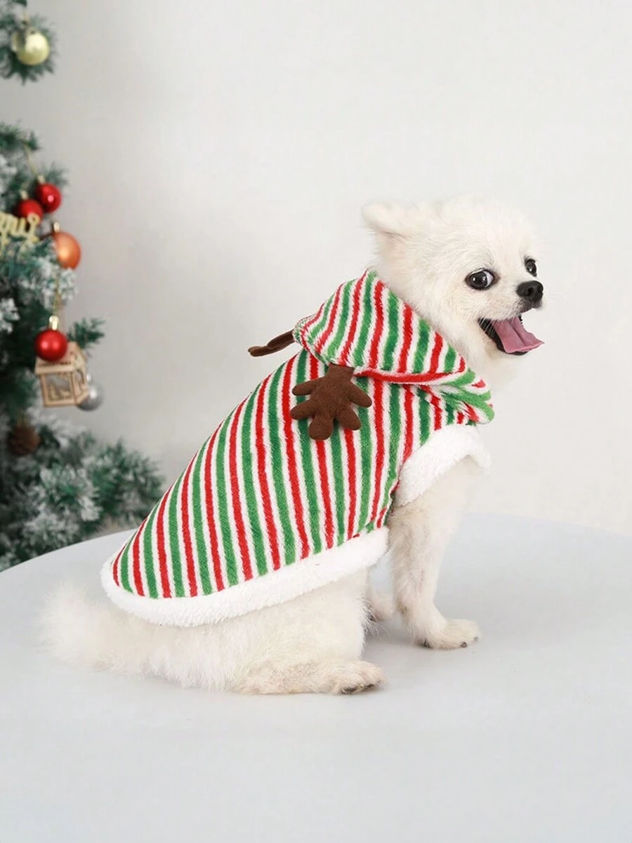 Christmas Reindeer Antler Decor Warm Pet Clothes With Plush & Striped Pattern For Dogs And Cats - Red - View 1