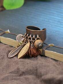 HANQI 1 Pieza Anillo Amplio De Aleación Con Estilo Bohemio Color Bronce Antiguo Ajustable Con Colgante De Borlas Para Mujeres.