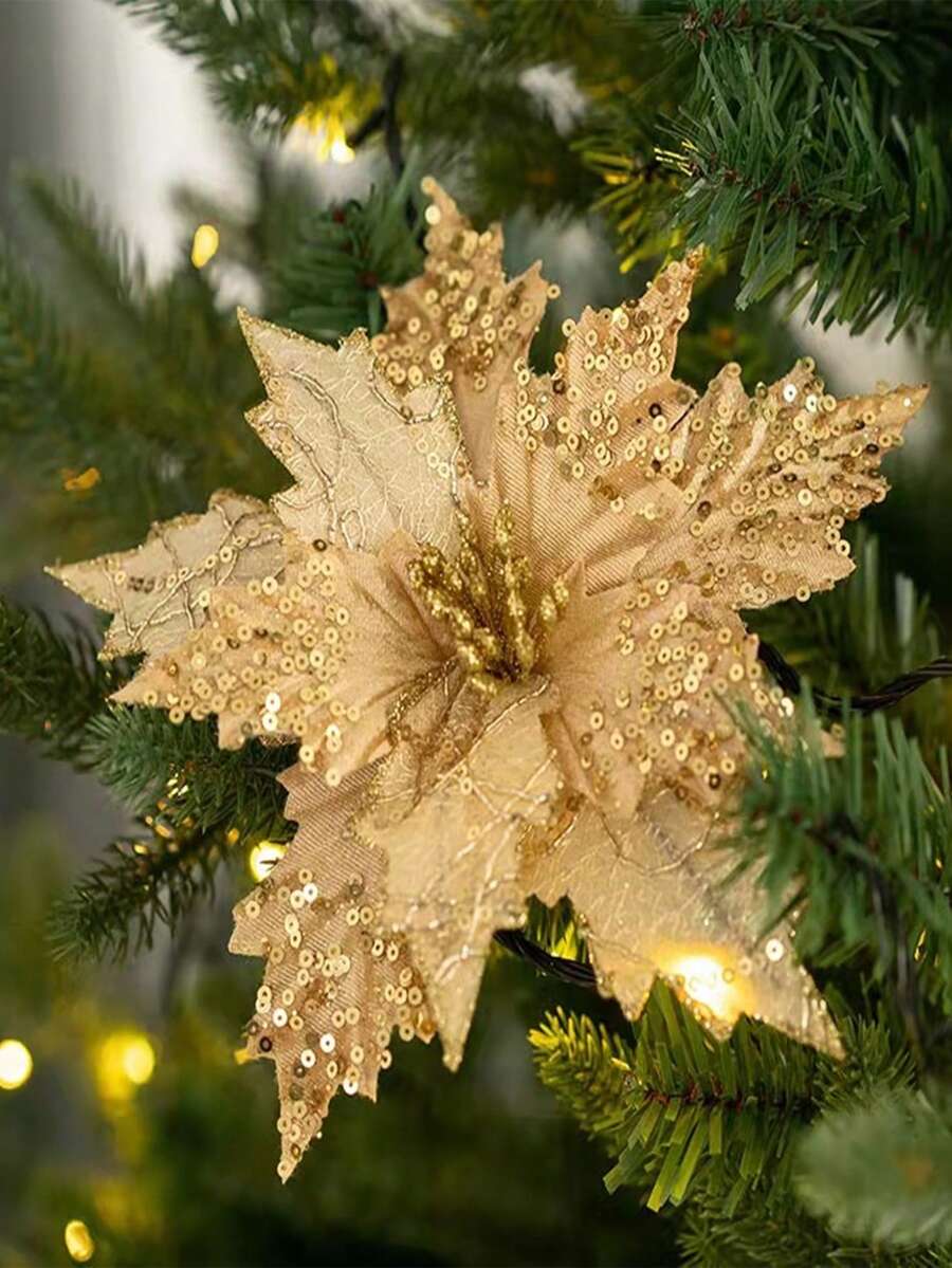 1入金光閃閃的人造花聖誕裝飾品,適用於聖誕樹、婚禮派對裝飾