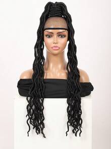 28英寸橡筋拉力式定鎖辮馬尾,烏黑色辮髮馬尾假髮,高品質纖維材質,編織型長馬尾辮假髮 - 黑色 - 查看 4