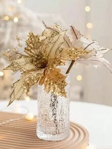 1入金光閃閃的人造花聖誕裝飾品,適用於聖誕樹、婚禮派對裝飾