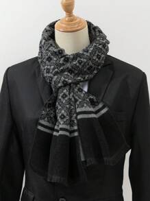 1條男式黑灰色格紋帶流蘇的圍巾 - 黑色 - 查看 1