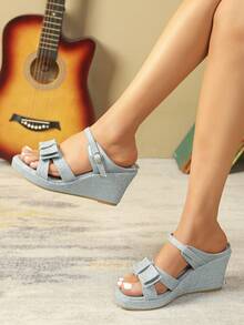 1pair Light Blue Wedge Heel Slippers - Baby Blue - View 2