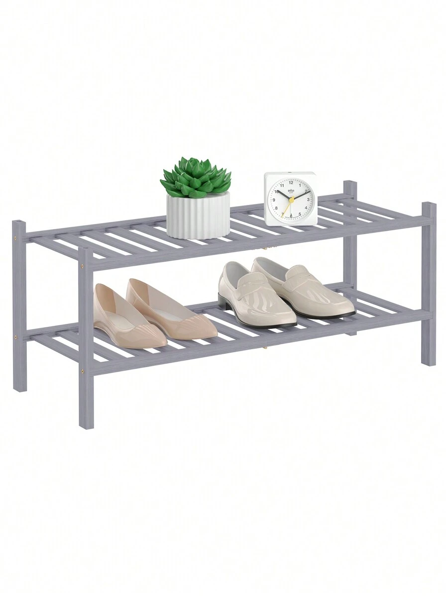 可折疊天然竹鞋架-堆疊式多功能組合收納架-便利的鞋子組織自由支撐鞋架,尺寸：11"深x 27"寬x 13"高 - 灰色 - 查看 1