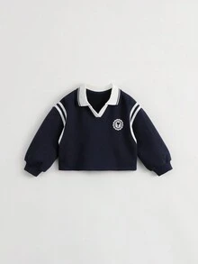 MARC&JANIE 1 件年轻女孩学院风撞色 Polo 领运动衫和 1 件保暖内衬运动裙套装，适合秋季 - 藏蓝色 - 查看 5
