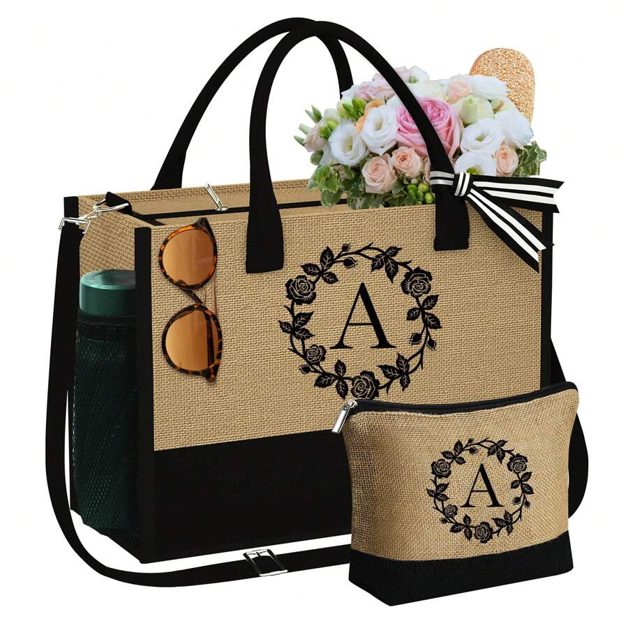 Initial Jute Tote Bag Graduation Gifts  For Women Summer Makeup Bag Beach Bag Tote With Zipper Personalized Mom Gifts Friend Birthday Gifts For Women Girls - 棕色托特包+化妝包 - 查看 1