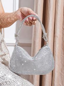 Mini Rhinestone Decorated Handbag With Rhinestone Strap - Silver - View 1