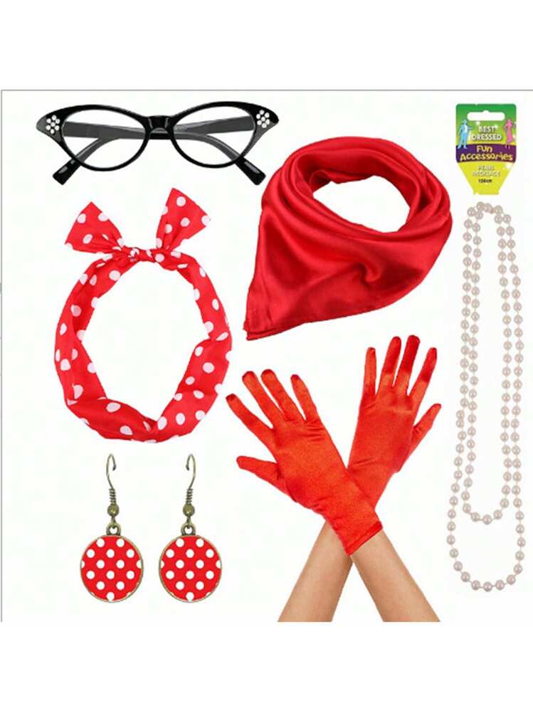 Accorios de disfraz de los años 50, gafas con montura de ojo de gato, pañuelo con lunar, diadema, pendient, vtido retro de los años 50 para mujer para fita de temática retro
