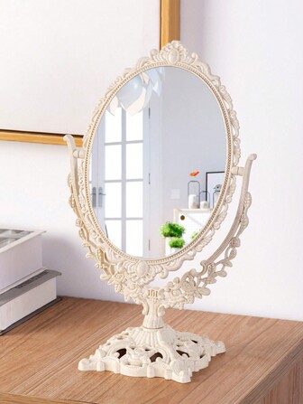 欧式复古双面化妆镜，卧室书桌梳妆镜，可旋转小镜，花朵图案。独立式复古宫廷风格旋转化妆镜，宿舍卧室适用。可拆卸双面桌面化妆镜，适合少女使用。也可用于梳妆、客厅、卧室、浴室等家居装饰，旅行必备，婚礼、派对化妆工具，价格实惠，是圣诞礼物的理想之选。