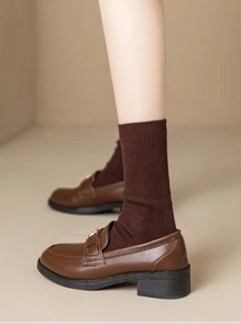 女士pu皮粗跟便鞋,具有小而精致的設計感,英國風格的圓頭復古懶人鞋,適用於春秋季節 - 棕色 - 查看 2