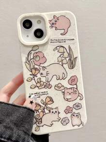 Summer 1pc White Case With Cat Playing Flower Design Compatible With Iphone