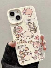 Summer 1pc White Case With Cat Playing Flower Design Compatible With Iphone