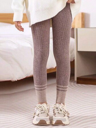 1pc Girls Cropped Leggings, Beige & Khaki Color Block, Striped Pattern, Minimalist & Fashionable, Suitable For Daily Wear, School, Girls, Versatile, All Season