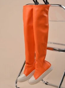 女士弹力过膝长靴，修身款，休闲褶皱设计，橙色 - 橘色 - 查看 5