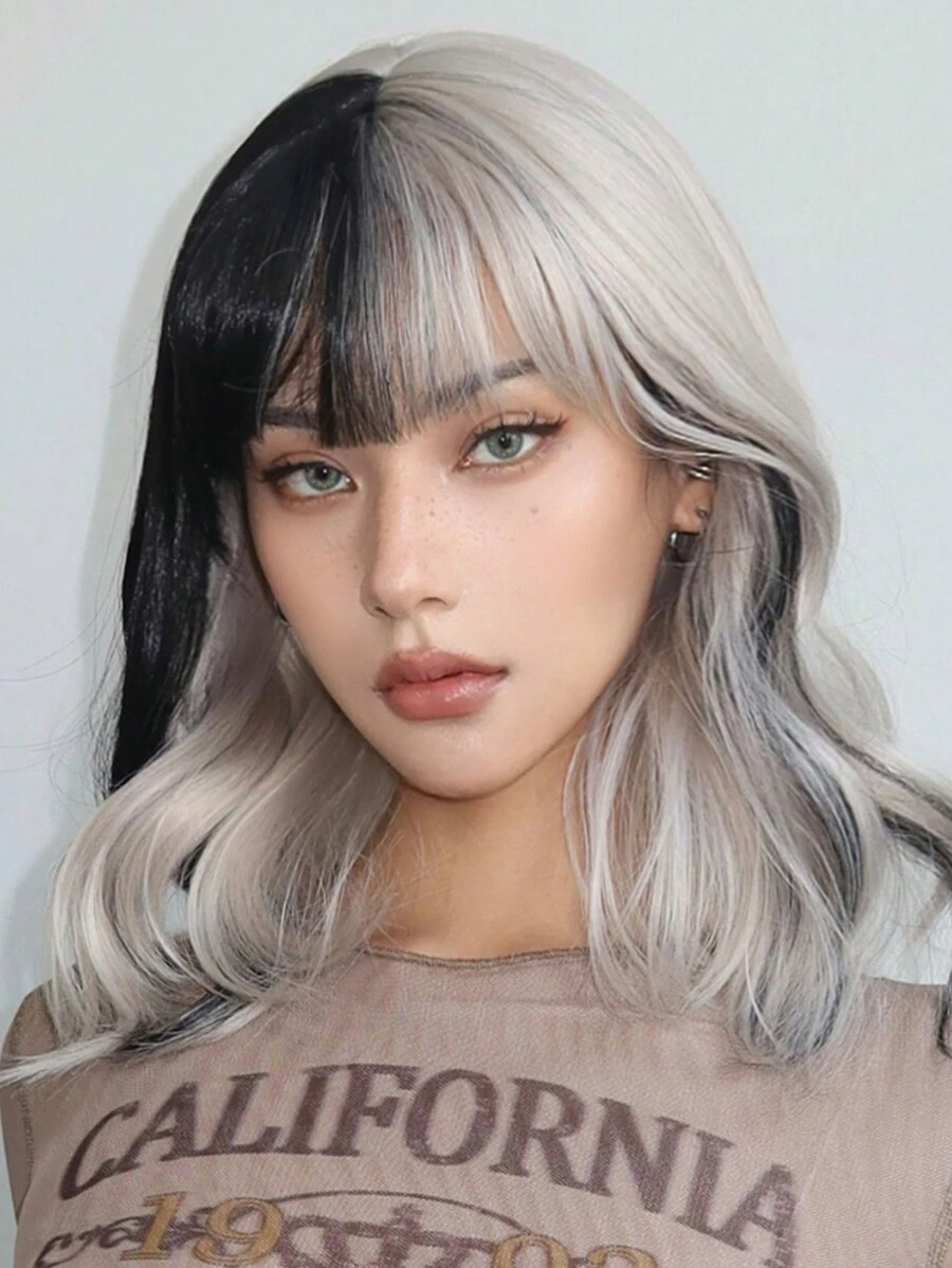 女性和女孩們的兩色短中捲翹黑銀色假髮,合成假髮,適用於日常派對角色扮演,16英寸 - 彩色 - 查看 1