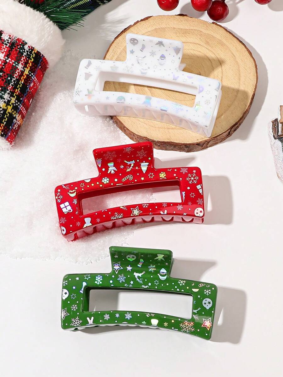 3入組聖誕元素印花女士髮夾，包括8.5厘米方形夾髮器和星形、雪花形、雪人形、馴鹿形可愛卡通圖案，經典白色、綠色和紅色，帶有全息效果 - 彩色 - 查看 1