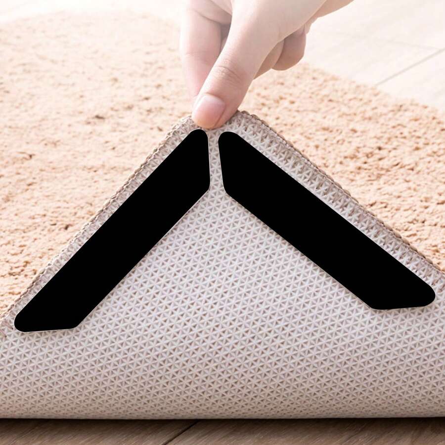 12入組地毯固定器,角落和邊緣均適用,不會捲曲或有很多摺痕,正反面可用的柔軟可彎曲墊子將地毯固定在地板和硬木地板墊下,可重複使用 - 黑色 - 查看 1