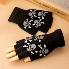 1pair Creative Skull Design Short Knit Half Fingerless Gloves For Winter Halloween - Multicolor - View 5