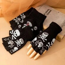 1pair Creative Skull Design Short Knit Half Fingerless Gloves For Winter Halloween - Multicolor - View 8