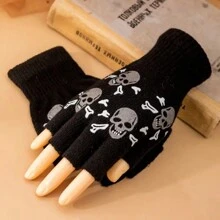 1pair Creative Skull Design Short Knit Half Fingerless Gloves For Winter Halloween - Multicolor - View 7