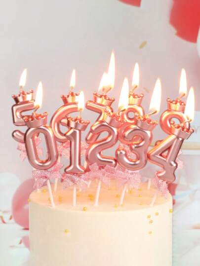 1pc Rose Gold Number Candle With Crown & Bowknot Design For Birthday Cake Decoration 0-9