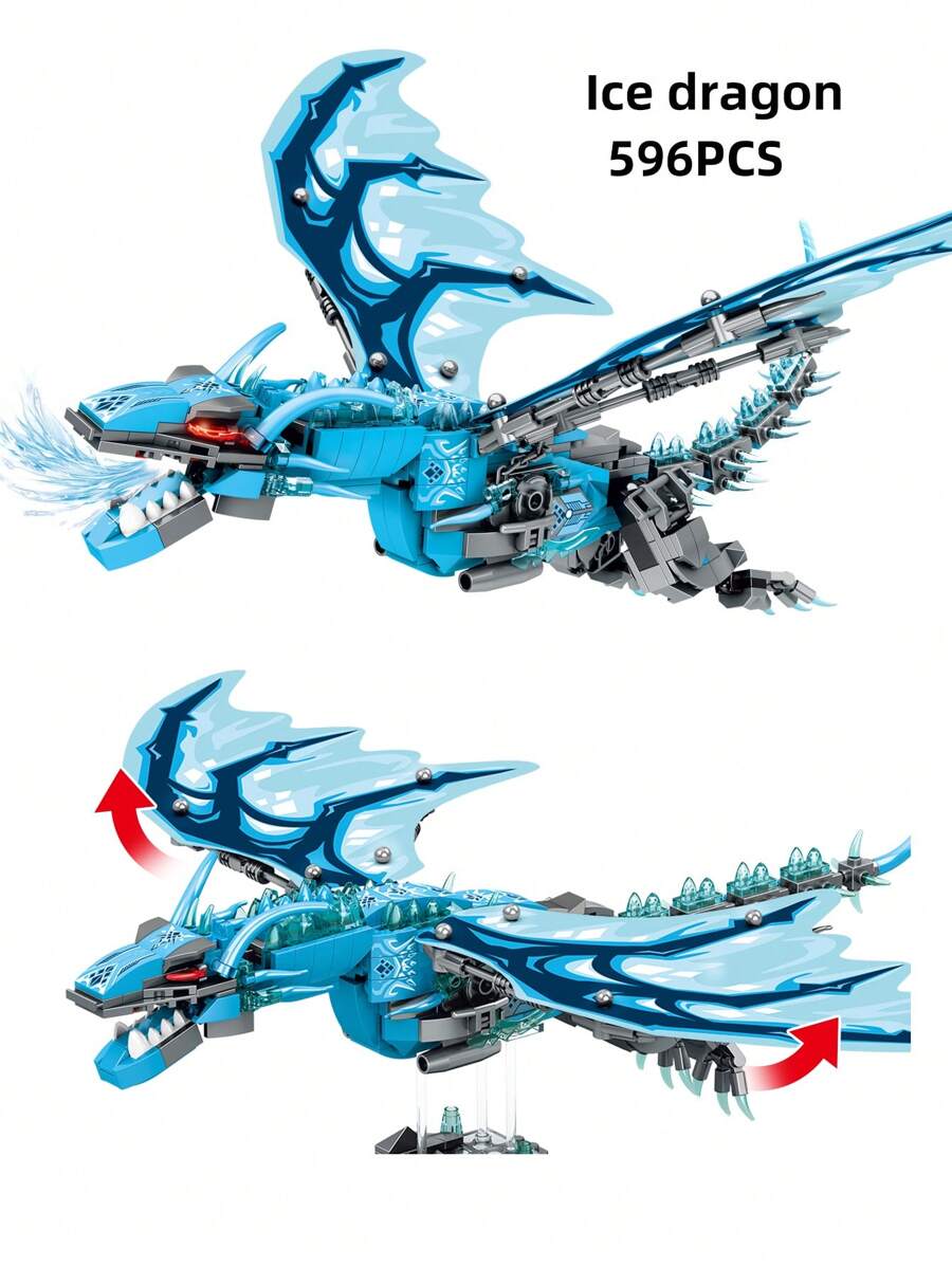 596pcs Small Particle Building Blocks Assembling Toy Set, Deformable Ice Dragon Mech Assembly Kit, Action Figure, Educational Deformation Toy For Kids - Blue - View 1