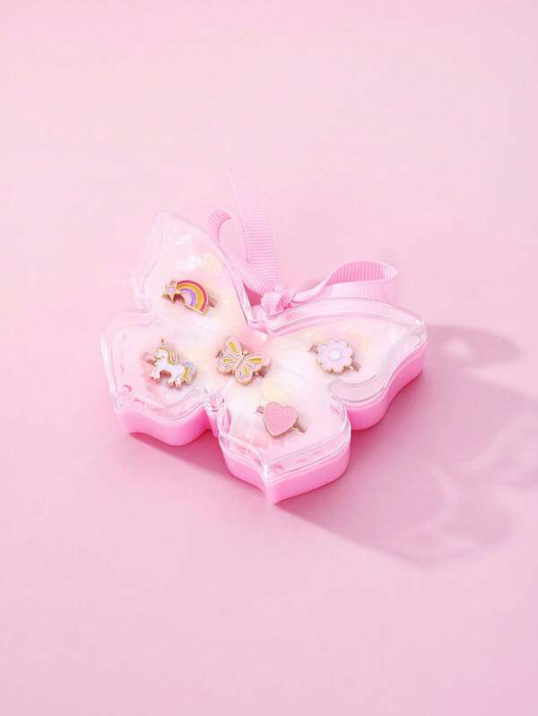 5pcs/set Colorful Zinc Alloy Rainbow Themed Ring With Hearts, Flowers & Butterflies Design For Girls, Adjustable Size, Suitable For Daily Wear & Gift Giving