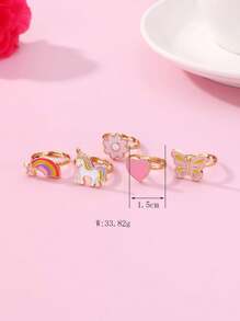 5pcs/set Colorful Zinc Alloy Rainbow Themed Ring With Hearts, Flowers & Butterflies Design For Girls, Adjustable Size, Suitable For Daily Wear & Gift Giving - Multicolor - View 5