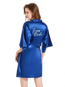 1 件女士優雅新娘伴娘緞面和服長袍帶字母印花 - 藍色 - 查看 1