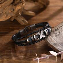 European And American Fashion Retro Leather Bracelet, Handmade Jewelry, Cross-Border Simple Beaded Leather Bracelet, Personalized X-Nail Men's And Women's Fashion Braided Bracelet, Multiple Leather Bracelets - X stud buckle black leather bracelet - View 2