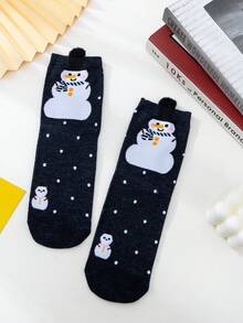 1pair Women's Mid-calf Socks Cartoon Pattern Christmas Stockings, For Spring, Autumn, Winter - Black - View 2