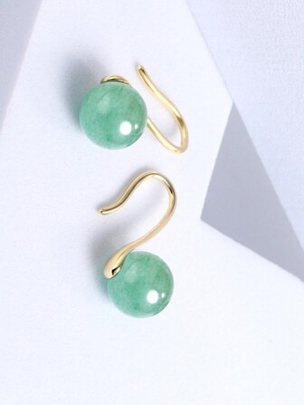 1对8毫米圆形绿色东陵石和S925高跟鞋钩形耳环