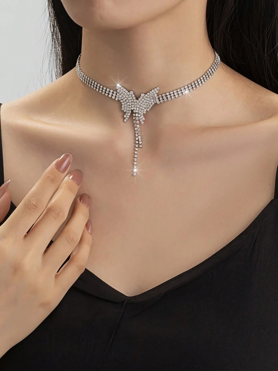 1 Pieza Collar Con Forma De Mariposa De Cristal Con Pedrería En Cadena - Blanco - Ver 1