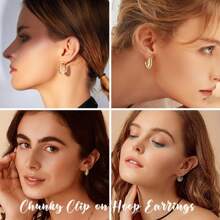 Yanxyad 9 Pairs Gold Clip-On Earrings, Vintage Clip-On Earrings For Women, Twisted Triple-Crystal Square Hoop Earrings, Geometric Clip-On Earrings, Clip-On Fake Earrings Without Piercing - Gold - View 3