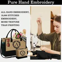 Initial Jute Tote Bag Graduation Gifts  For Women Summer Makeup Bag Beach Bag Tote With Zipper Personalized Mom Gifts Friend Birthday Gifts For Women Girls - 棕色托特包+化妝包 - 查看 6