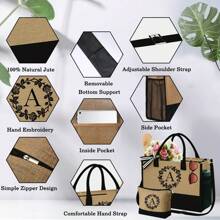 Initial Jute Tote Bag Graduation Gifts  For Women Summer Makeup Bag Beach Bag Tote With Zipper Personalized Mom Gifts Friend Birthday Gifts For Women Girls - 棕色托特包+化妝包 - 查看 3