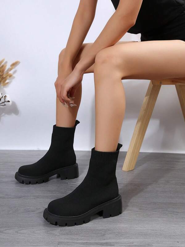 Damen Gestrickte Atmungsaktive Schwarze Hohe Absatzmode Stiefel, Herbst & Winter Neue Ankunft Knöchel Stiefel, Motorradstiefel Mittlerer Wadenlänge, Personality Hohe Absatzstiefel, Bequeme Mode Stiefel, Modische Plateau Stiefel Mit Dicker Sohle