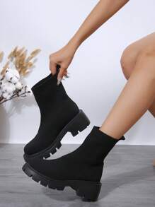 Stivali alla caviglia in maglia nera traspirante con tacco alto, nuovi stivali invernali e autunnali, regali caldi, stivaletti alla caviglia, stivali da motociclista a metà polpaccio, tacchi alti personalizzati per feste, stivali alla moda comodi, stivali con plateau alla moda, stivali con suola spessa per vacanze, stivali con suola spessa per uso esterno