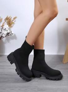 Stivali alla caviglia in maglia nera traspirante con tacco alto, nuovi stivali invernali e autunnali, regali caldi, stivaletti alla caviglia, stivali da motociclista a metà polpaccio, tacchi alti personalizzati per feste, stivali alla moda comodi, stivali con plateau alla moda, stivali con suola spessa per vacanze, stivali con suola spessa per uso esterno