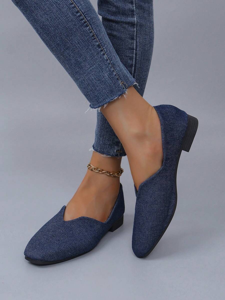 女式時尚牛仔布方頭2.5cm低跟鞋,實色 - 藏蓝色 - 查看 1